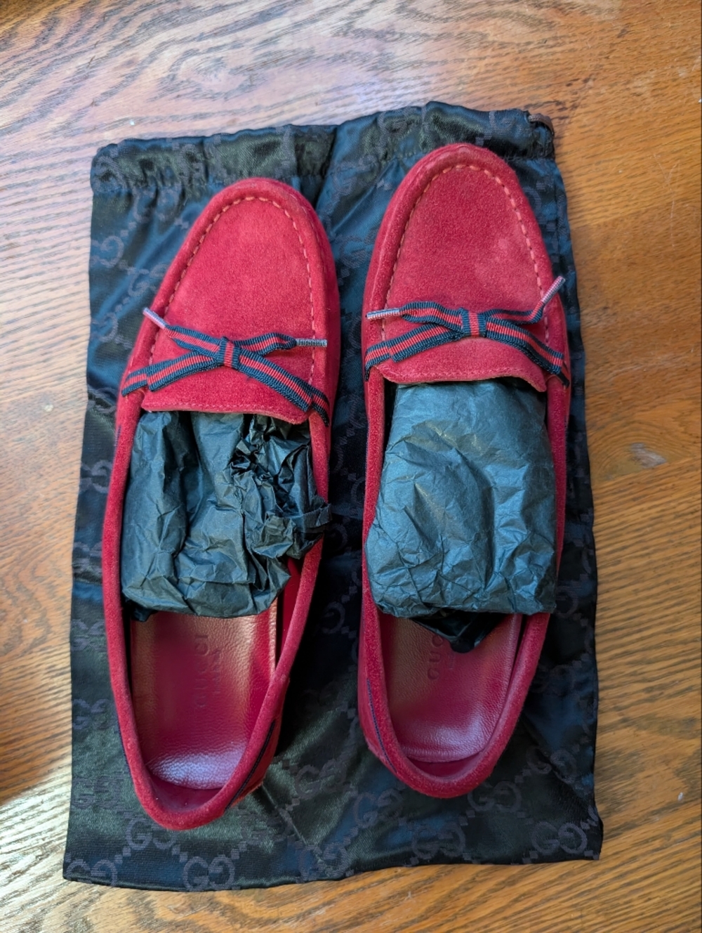 Gucci Red Suede Moccasins with Red and Blue Gross Grain Ribbon